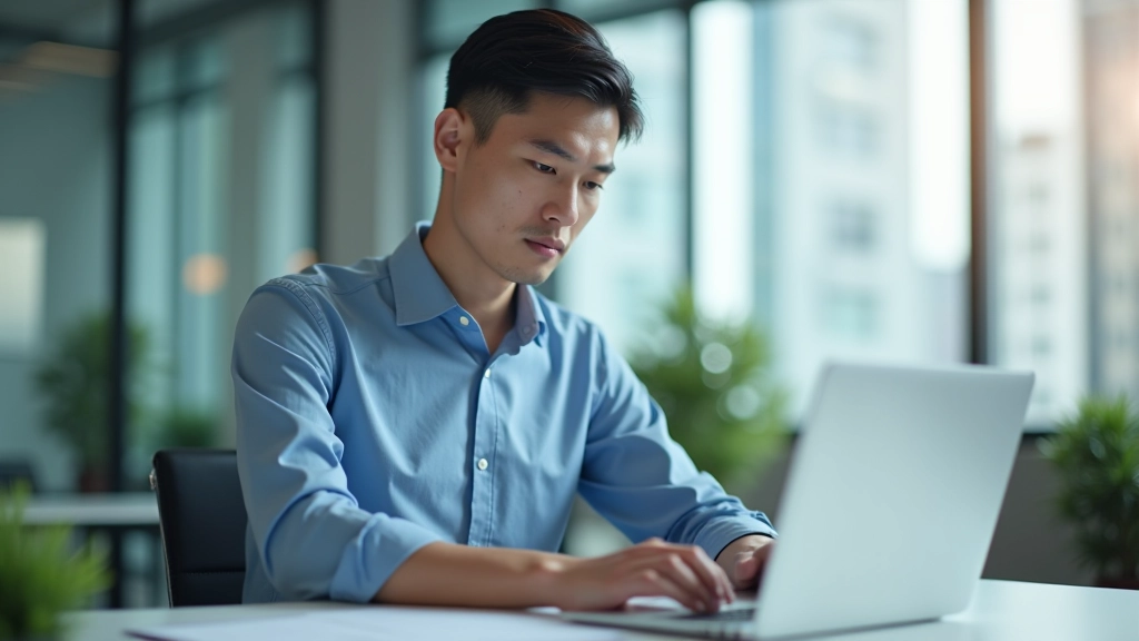 Professional accountant working at desk with laptop displaying financial software and accounting reports for Hong Kong business