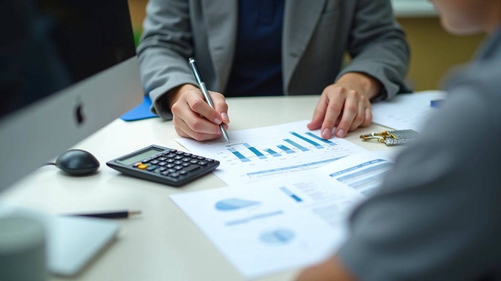 Professional working with accounting documents and financial reports at organized desk workspace