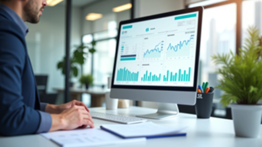 Financial data analysis dashboard displayed on computer monitor with charts and accounting metrics visible in professional office setting